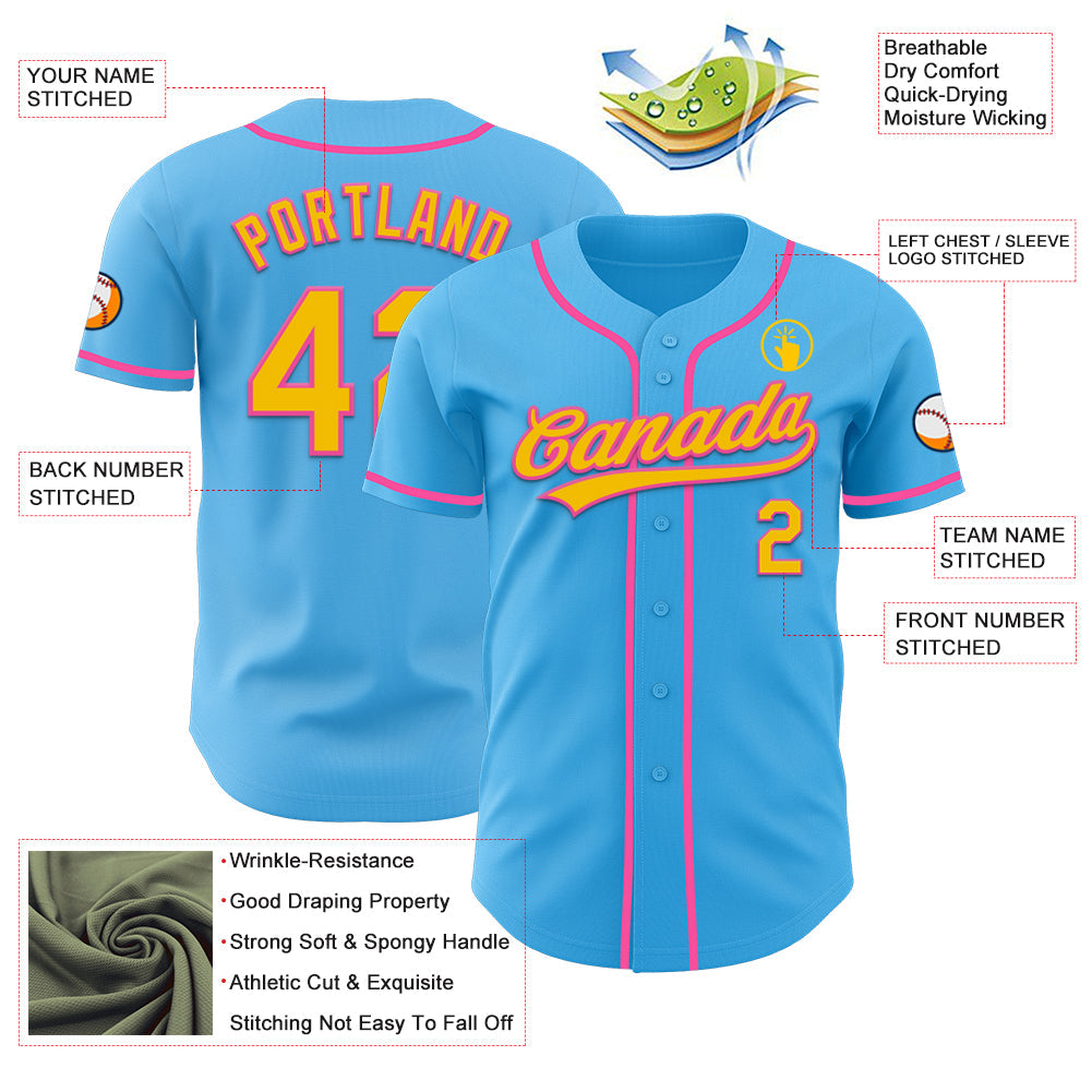 Custom Sky Blue Yellow-Pink Authentic Baseball Jersey view 3