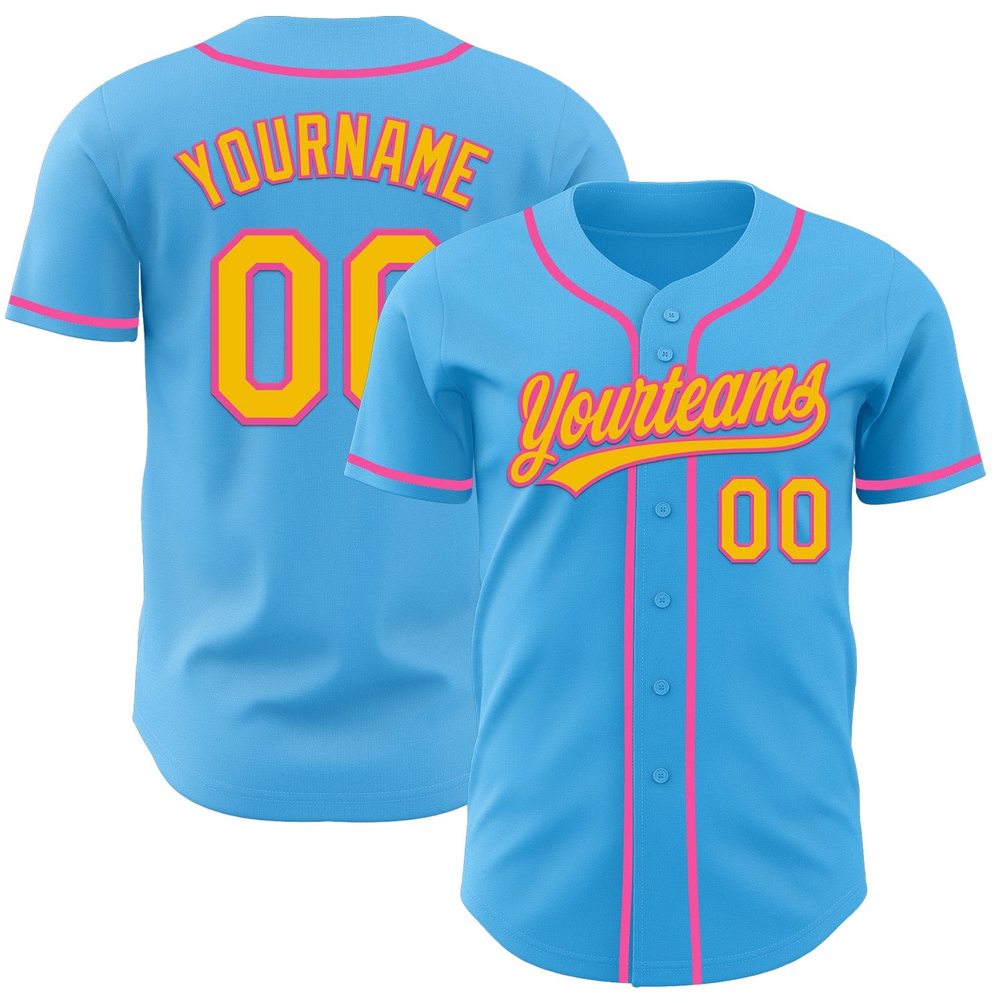 Custom Sky Blue Yellow-Pink Authentic Baseball Jersey - Main View