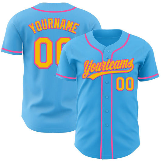 Custom Sky Blue Yellow-Pink Authentic Baseball Jersey - Main View