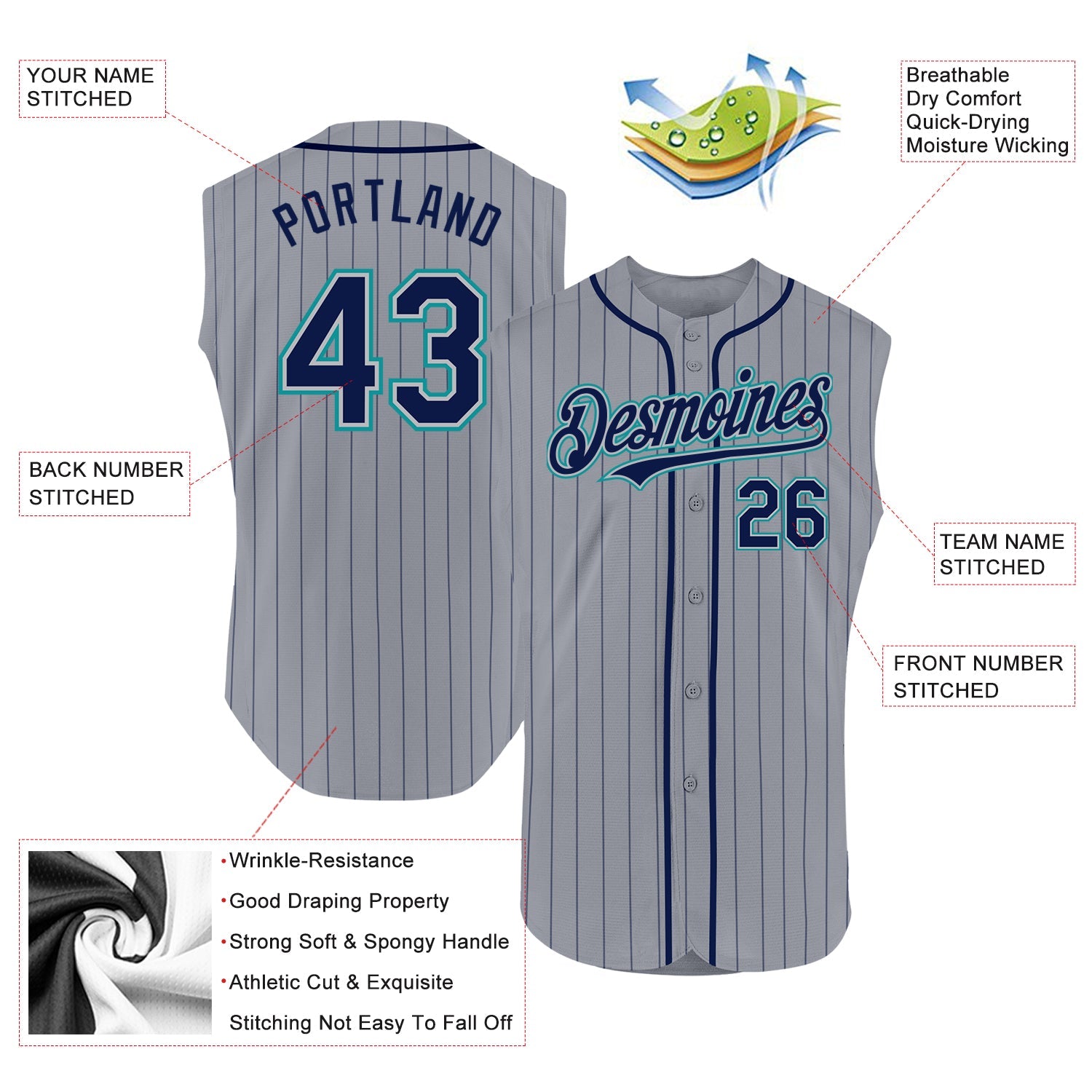 Custom Gray Navy Pinstripe Teal Authentic Sleeveless Baseball Jersey view 2