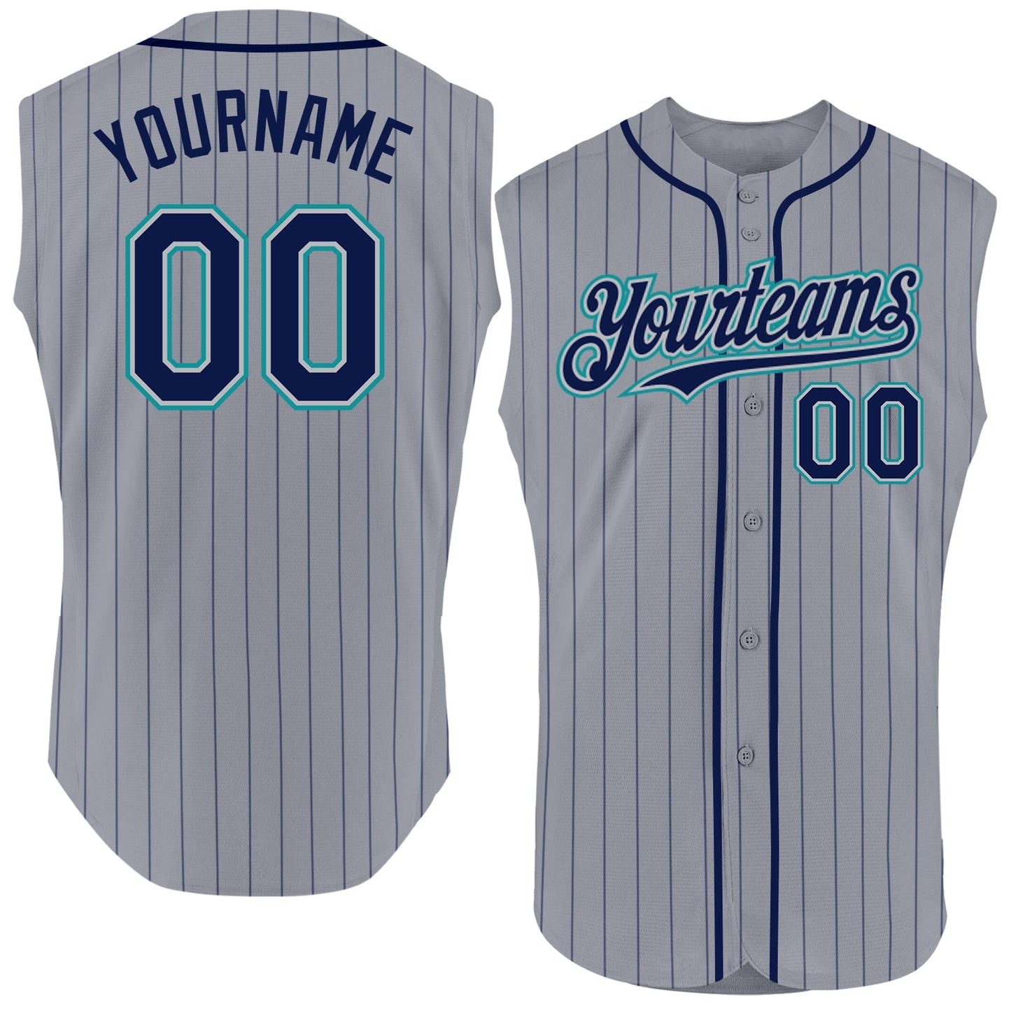 Custom Gray Navy Pinstripe Teal Authentic Sleeveless Baseball Jersey - Main View