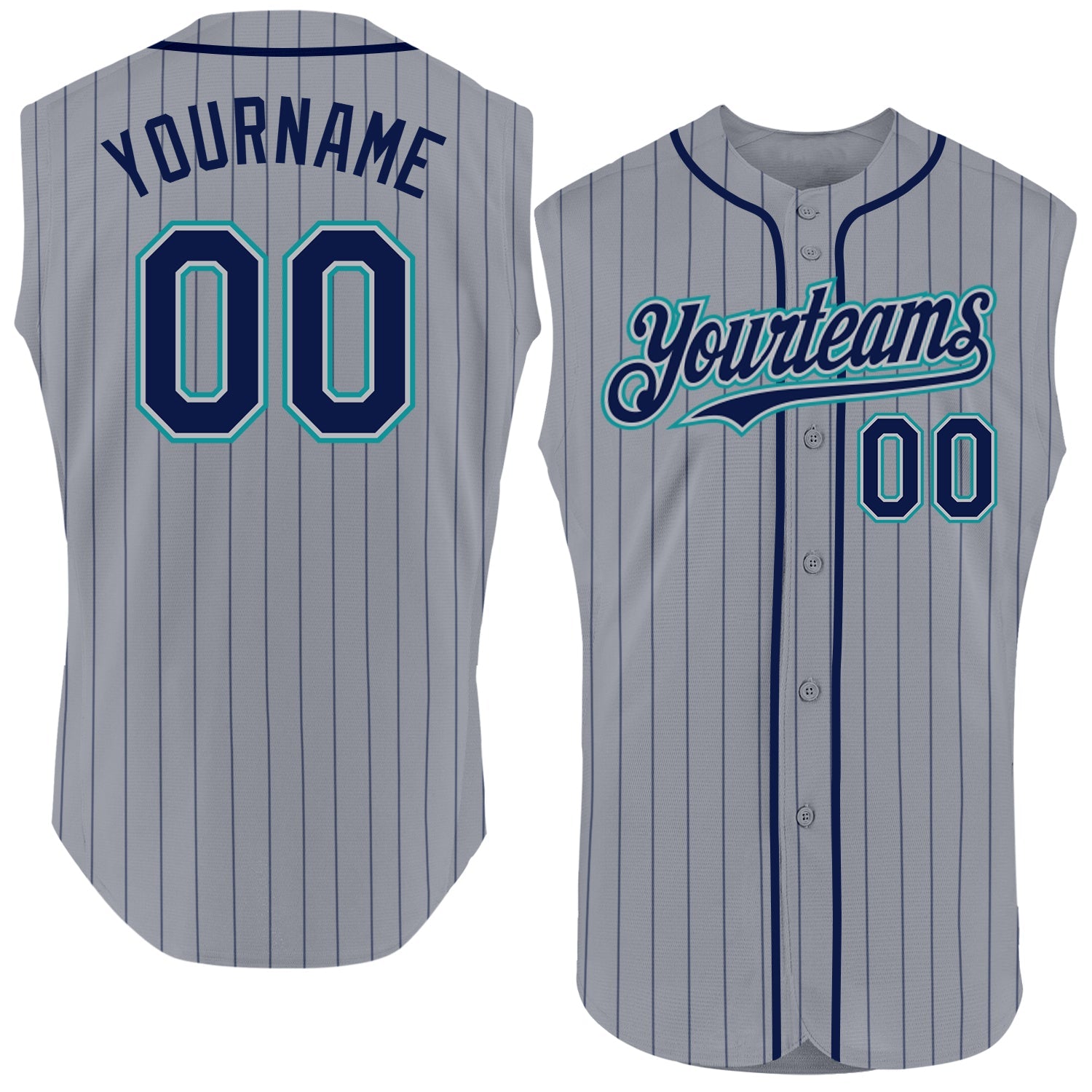 Custom Gray Navy Pinstripe Teal Authentic Sleeveless Baseball Jersey - Main View