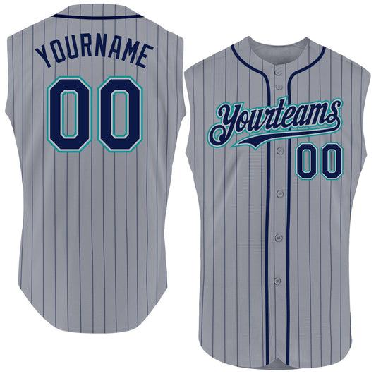 Custom Gray Navy Pinstripe Teal Authentic Sleeveless Baseball Jersey - Main View