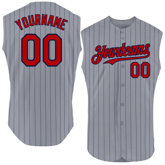 Custom Gray Navy Pinstripe Red Authentic Sleeveless Baseball Jersey - Main View