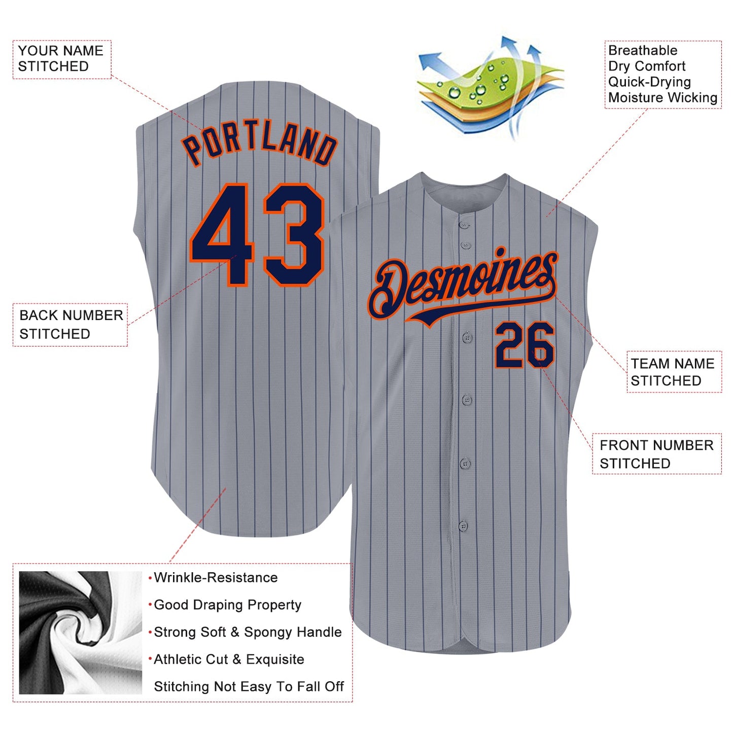Custom Gray Navy Pinstripe Orange Authentic Sleeveless Baseball Jersey view 2