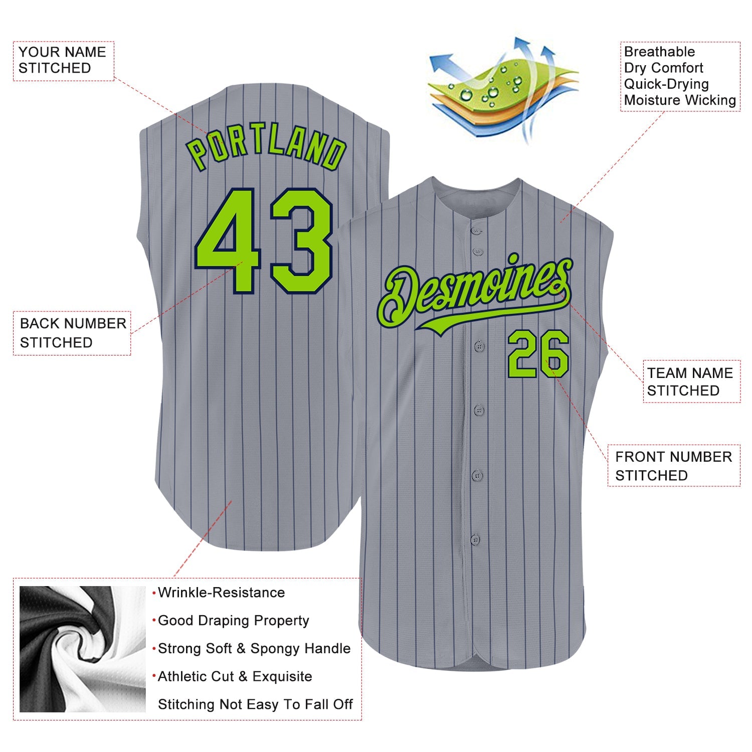 Custom Gray Navy Pinstripe Neon Green Authentic Sleeveless Baseball Jersey view 2