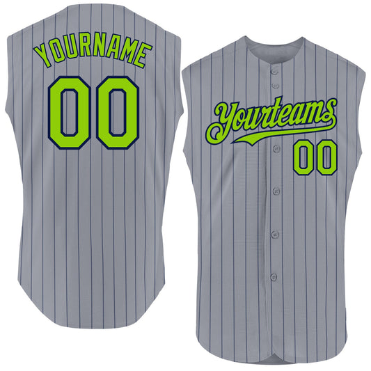 Custom Gray Navy Pinstripe Neon Green Authentic Sleeveless Baseball Jersey - Main View