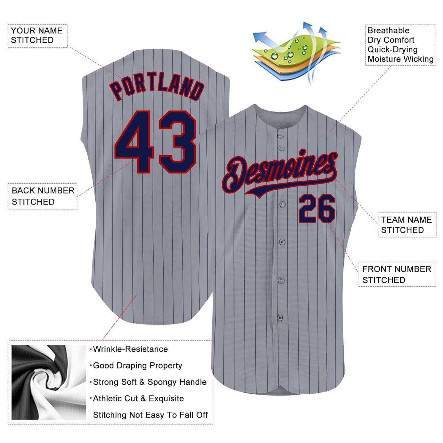 Custom Gray Navy Pinstripe Red Authentic Sleeveless Baseball Jersey view 2