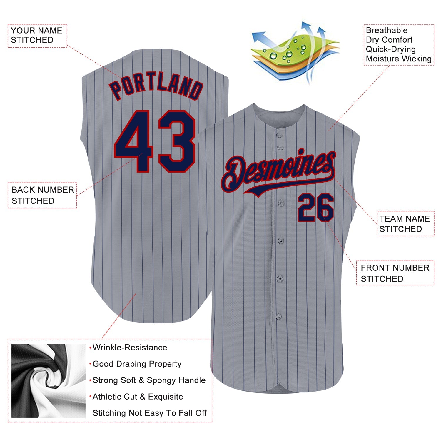 Custom Gray Navy Pinstripe Red Authentic Sleeveless Baseball Jersey view 2