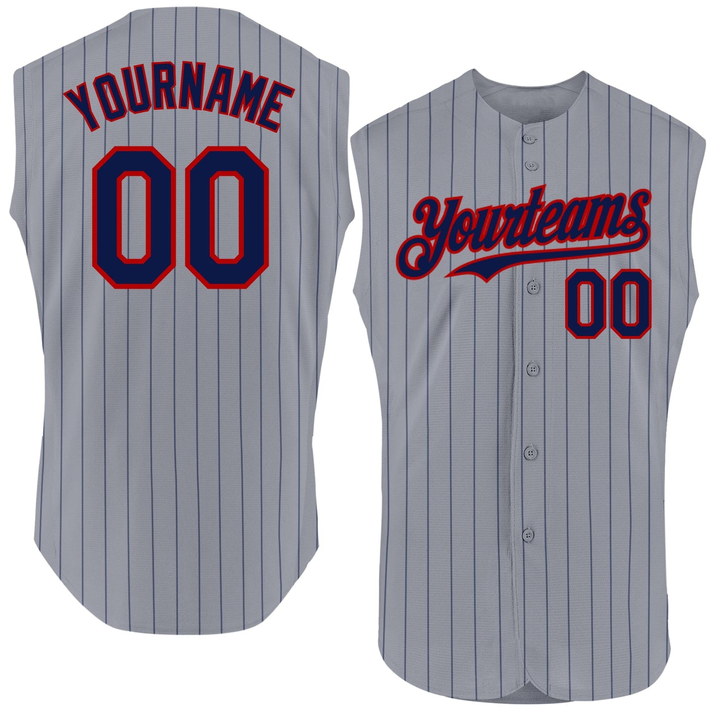 Custom Gray Navy Pinstripe Red Authentic Sleeveless Baseball Jersey - Main View
