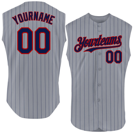 Custom Gray Navy Pinstripe Red Authentic Sleeveless Baseball Jersey - Main View