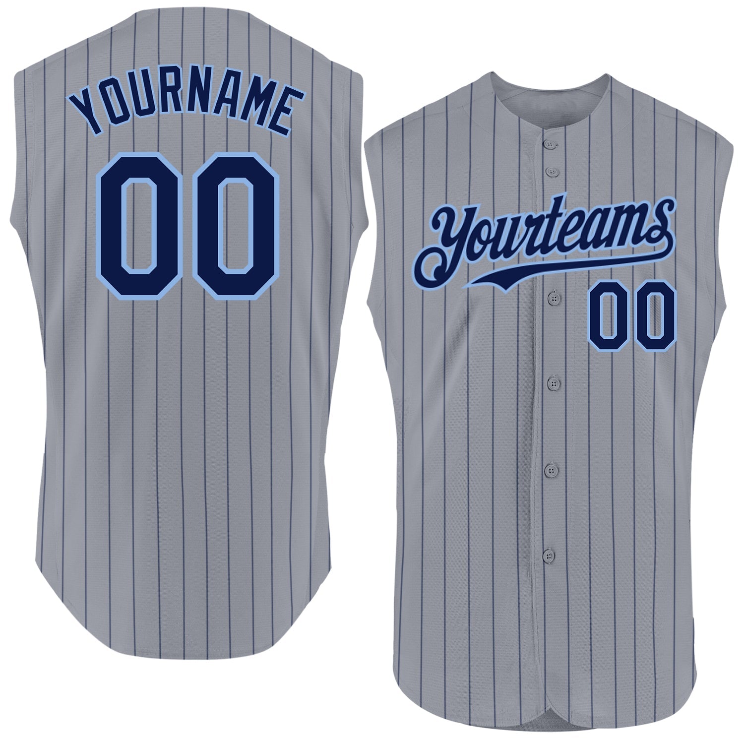 Custom Gray Navy Pinstripe Light Blue Authentic Sleeveless Baseball Jersey - Main View