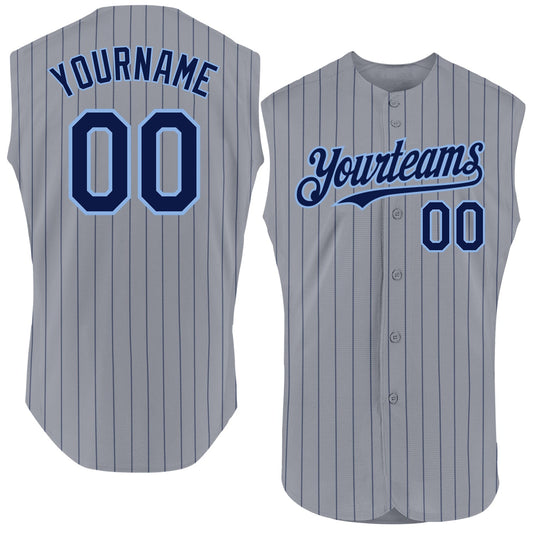 Custom Gray Navy Pinstripe Light Blue Authentic Sleeveless Baseball Jersey - Main View