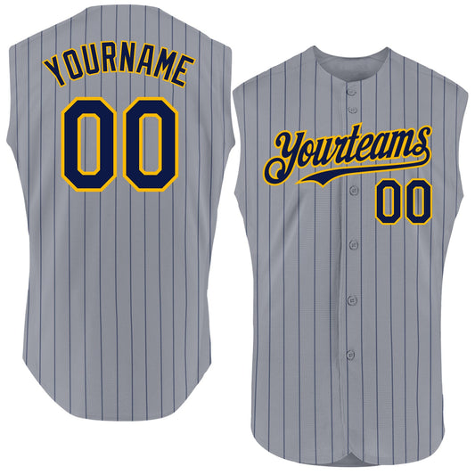 Custom Gray Navy Pinstripe Gold Authentic Sleeveless Baseball Jersey - Main View