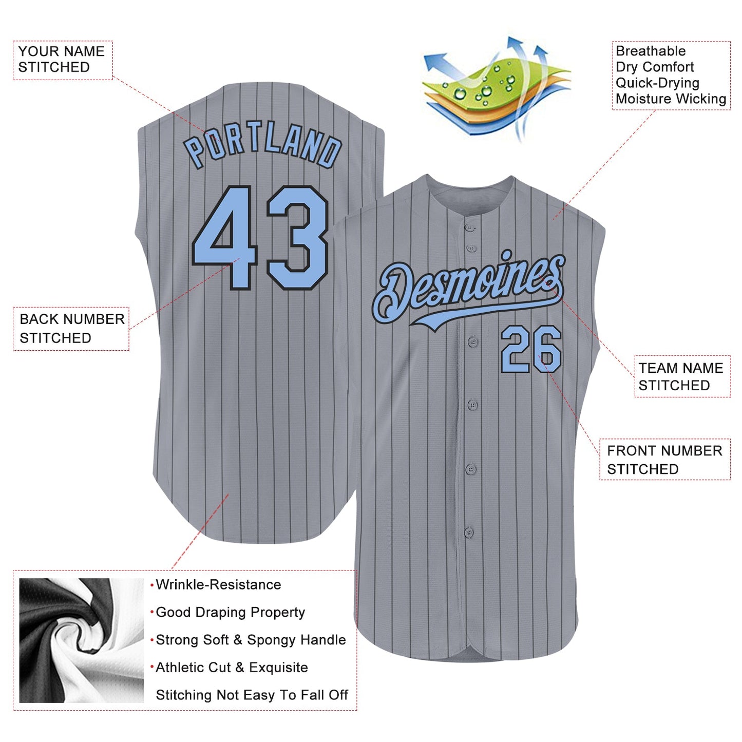 Custom Gray Black Pinstripe Light Blue Authentic Sleeveless Baseball Jersey view 2