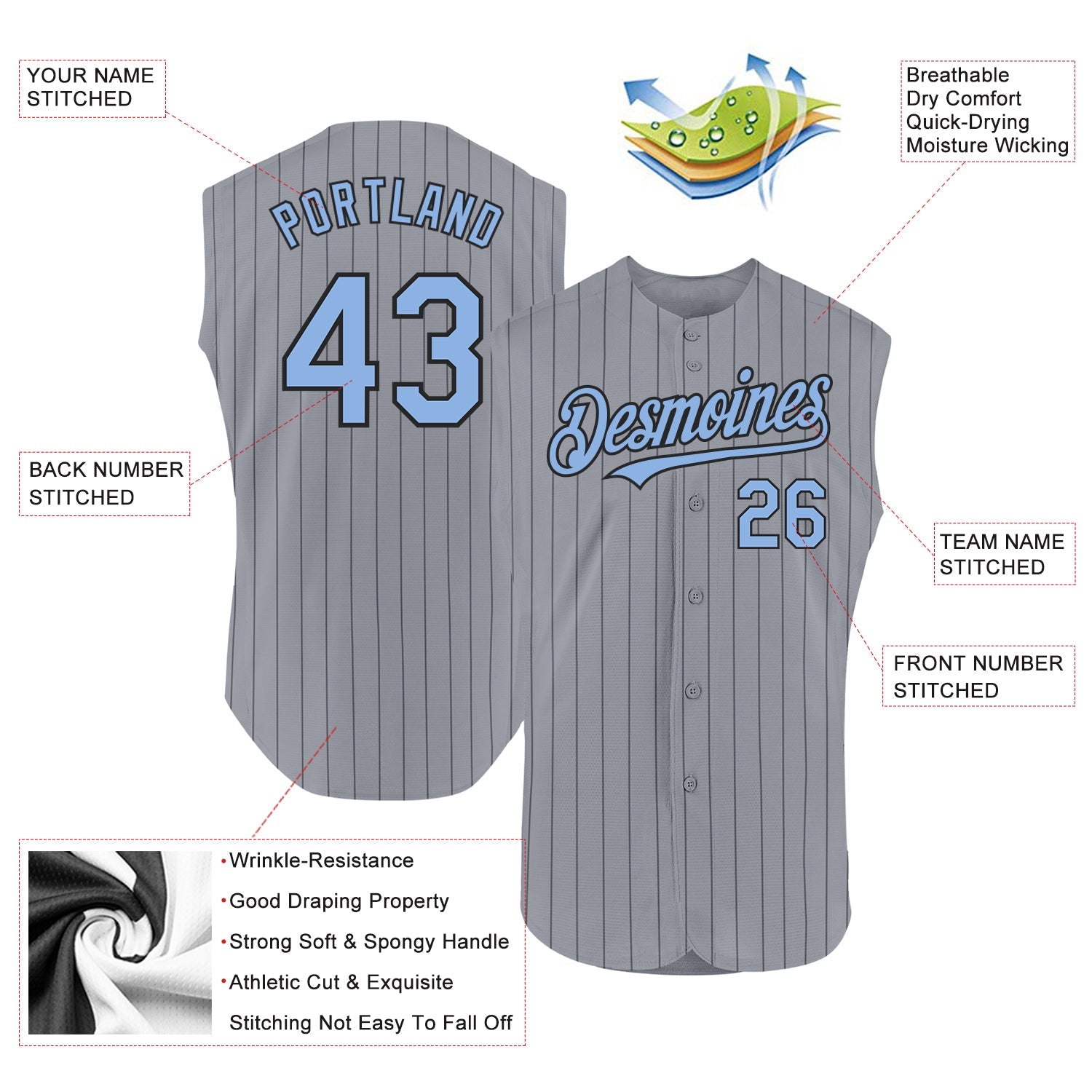 Custom Gray Black Pinstripe Light Blue Authentic Sleeveless Baseball Jersey view 2