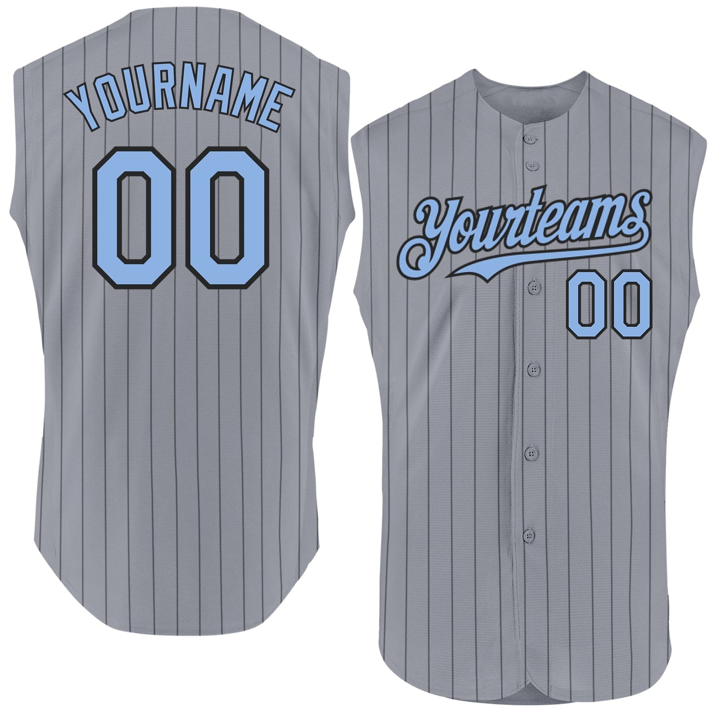 Custom Gray Black Pinstripe Light Blue Authentic Sleeveless Baseball Jersey - Main View