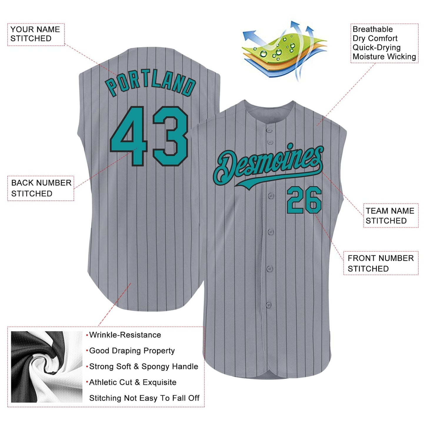Custom Gray Black Pinstripe Teal Authentic Sleeveless Baseball Jersey view 2