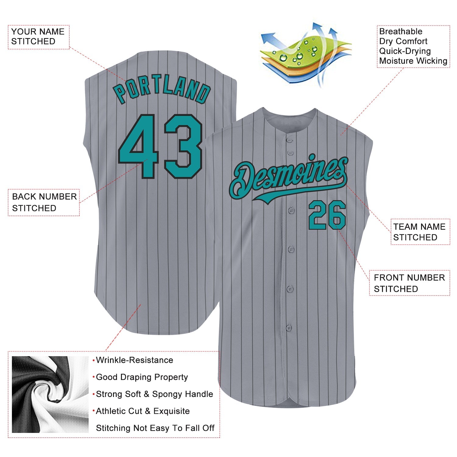 Custom Gray Black Pinstripe Teal Authentic Sleeveless Baseball Jersey view 2