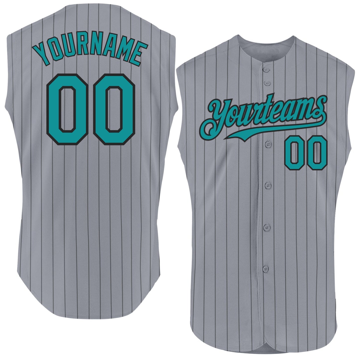 Custom Gray Black Pinstripe Teal Authentic Sleeveless Baseball Jersey - Main View