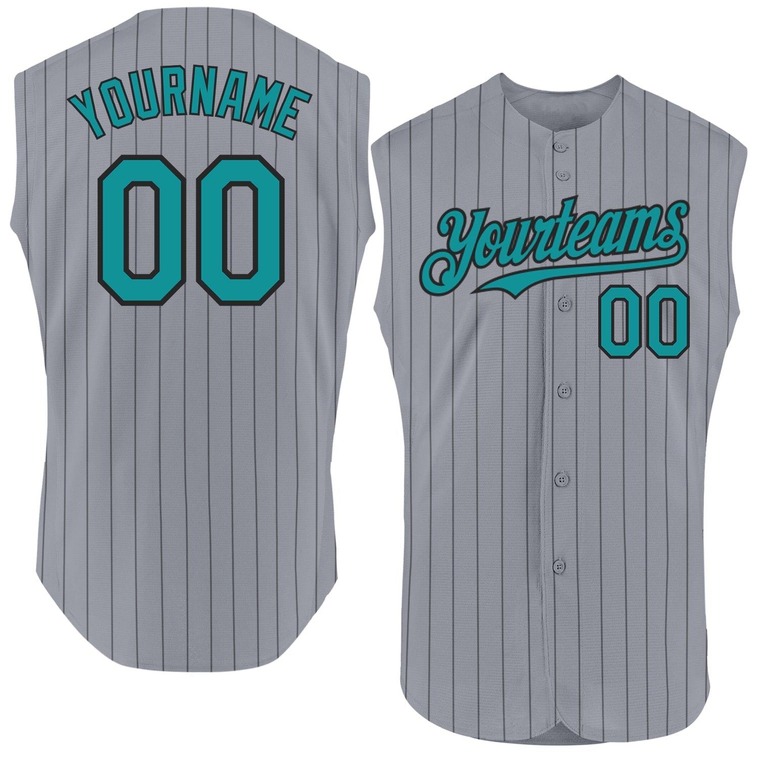 Custom Gray Black Pinstripe Teal Authentic Sleeveless Baseball Jersey - Main View