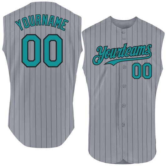 Custom Gray Black Pinstripe Teal Authentic Sleeveless Baseball Jersey - Main View