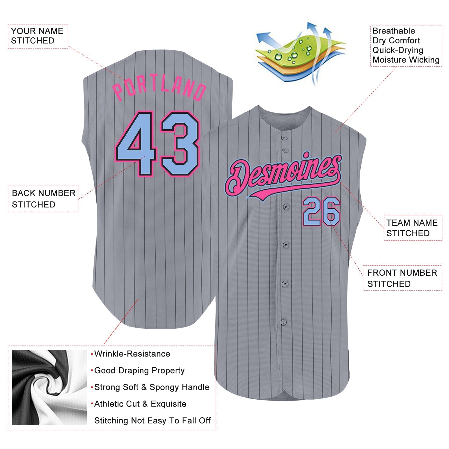 Custom Gray Black Pinstripe Light Blue-Pink Authentic Sleeveless Baseball Jersey view 3
