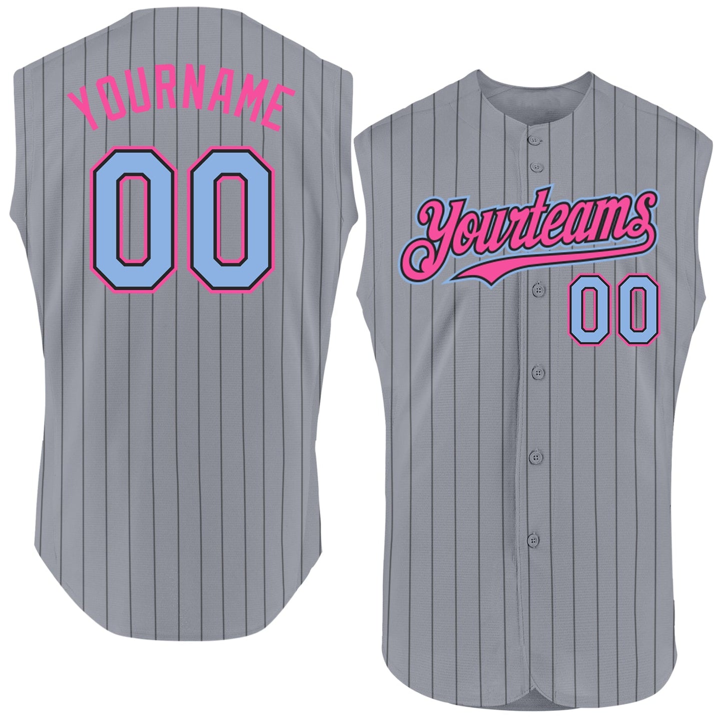 Custom Gray Black Pinstripe Light Blue-Pink Authentic Sleeveless Baseball Jersey - Main View