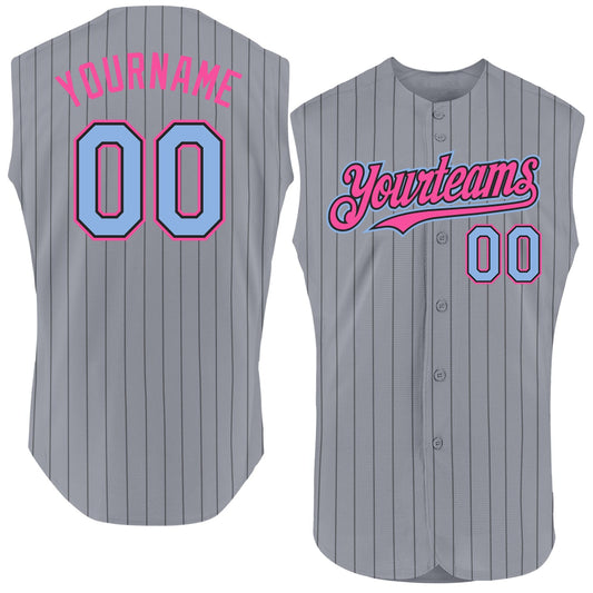 Custom Gray Black Pinstripe Light Blue-Pink Authentic Sleeveless Baseball Jersey - Main View