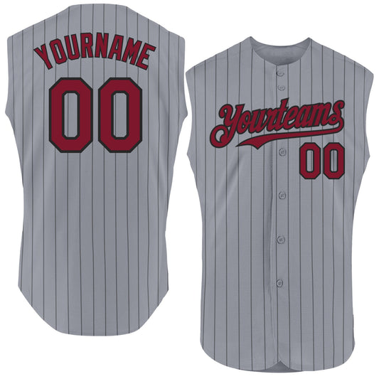 Custom Gray Black Pinstripe Crimson Authentic Sleeveless Baseball Jersey - Main View