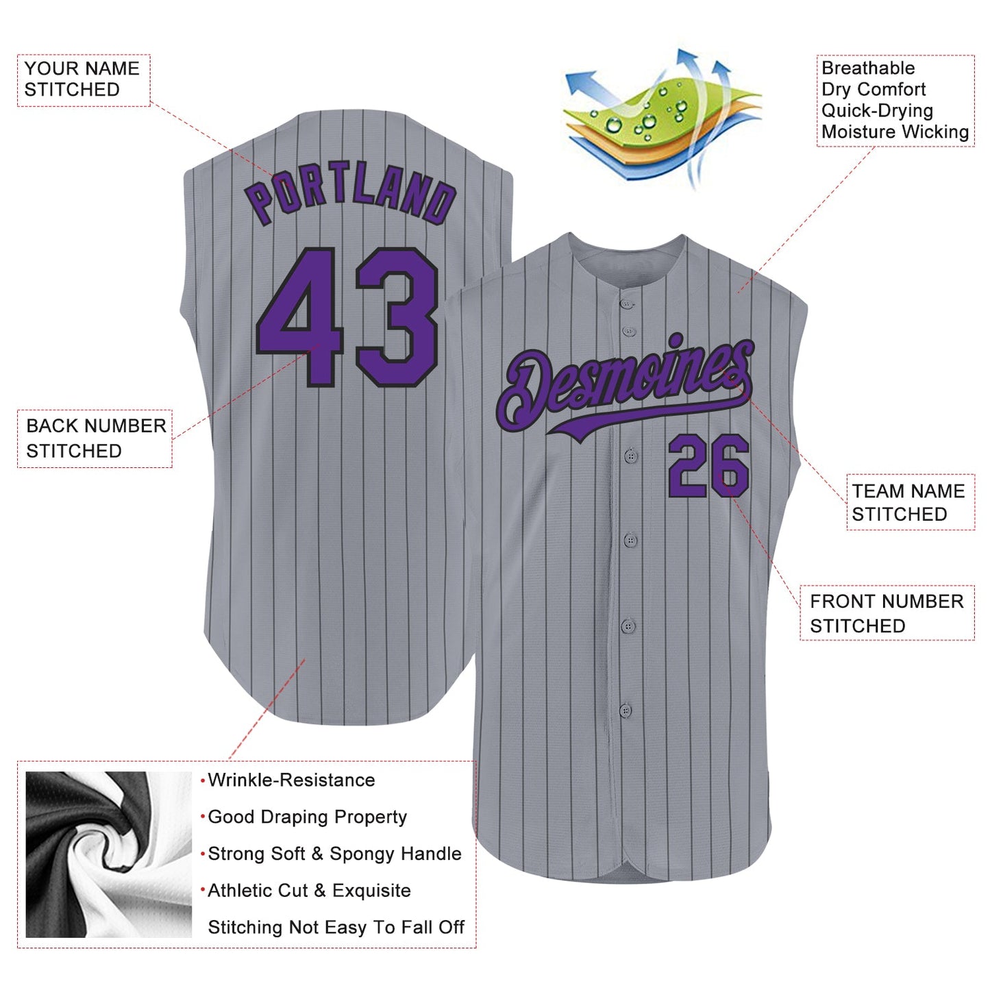 Custom Gray Black Pinstripe Purple Authentic Sleeveless Baseball Jersey view 2