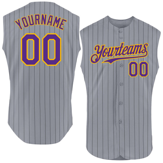 Custom Gray Black Pinstripe Purple-Gold Authentic Sleeveless Baseball Jersey - Main View
