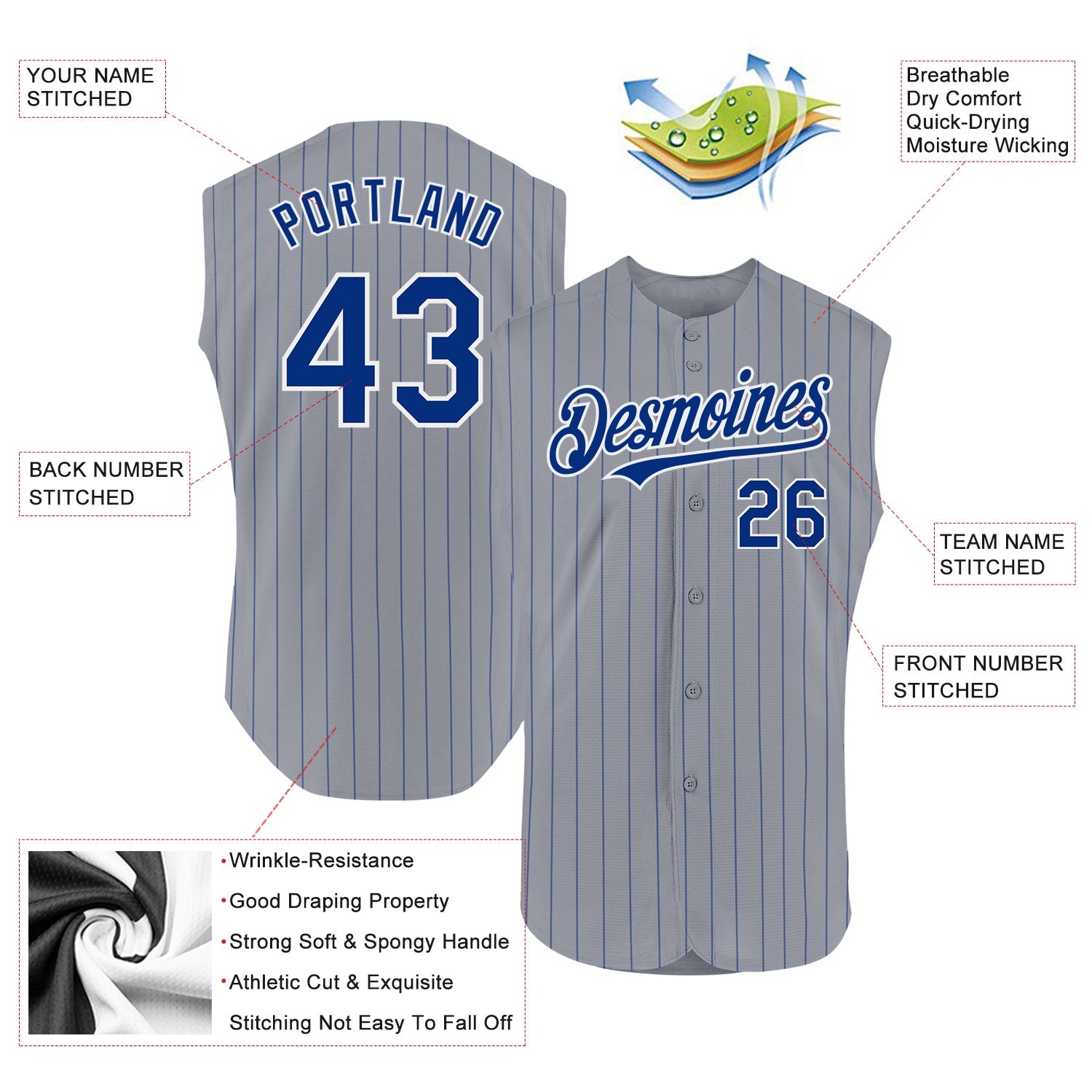 Custom Gray Royal Pinstripe White Authentic Sleeveless Baseball Jersey view 2