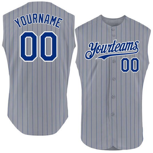 Custom Gray Royal Pinstripe White Authentic Sleeveless Baseball Jersey - Main View