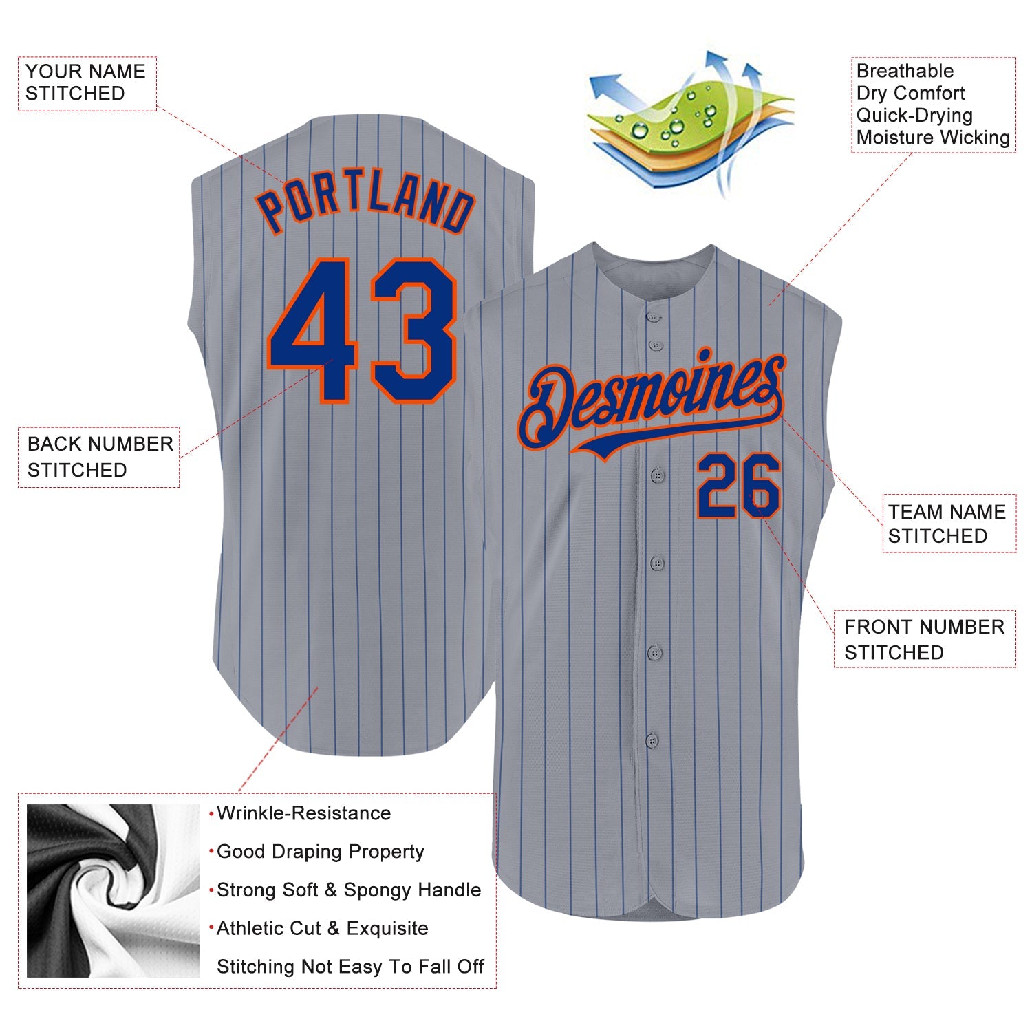 Custom Gray Royal Pinstripe Orange Authentic Sleeveless Baseball Jersey view 2