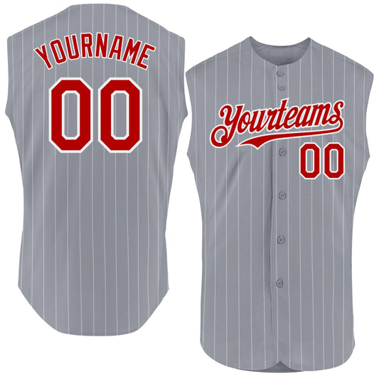 Custom Gray White Pinstripe Red Authentic Sleeveless Baseball Jersey - Main View