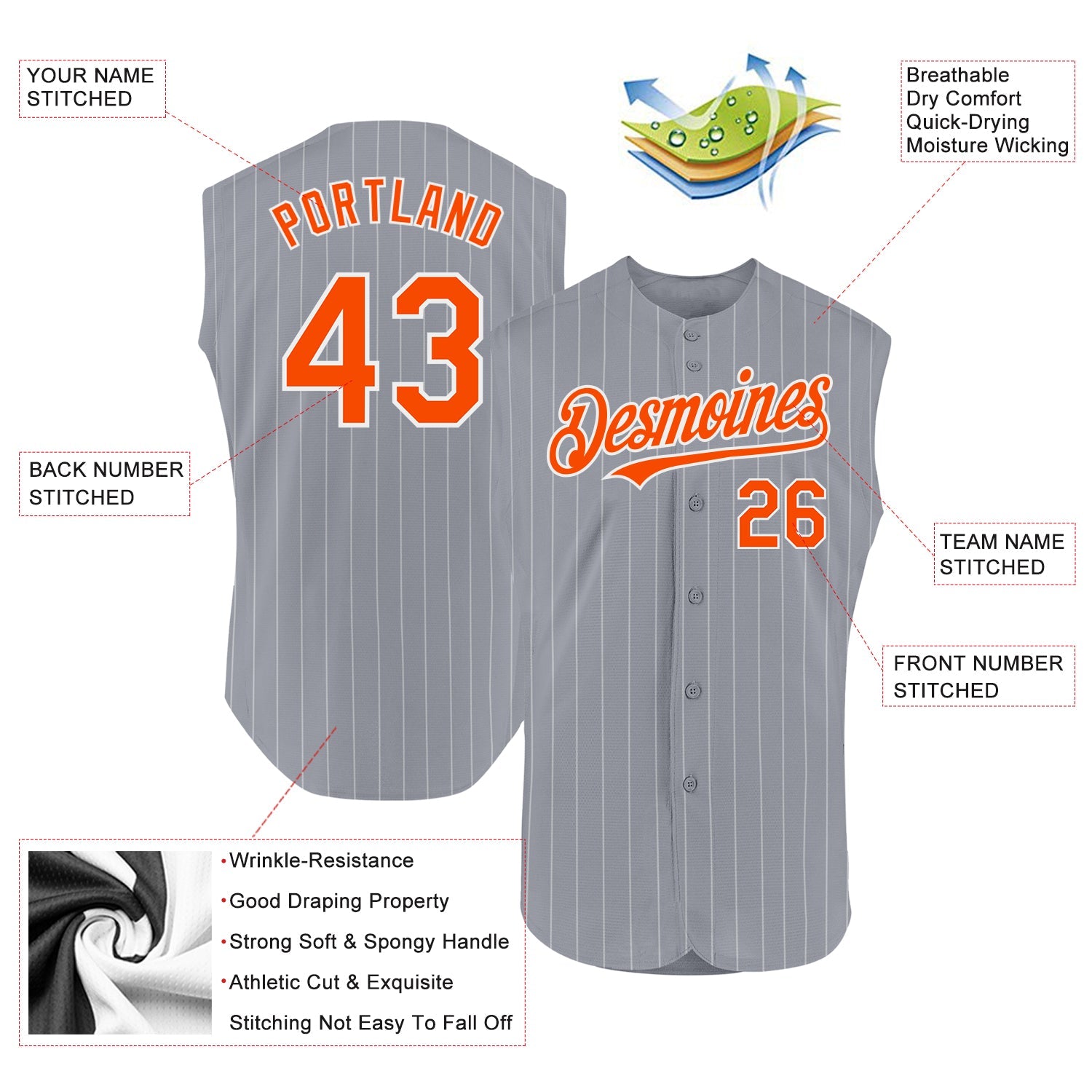 Custom Gray White Pinstripe Orange Authentic Sleeveless Baseball Jersey view 2