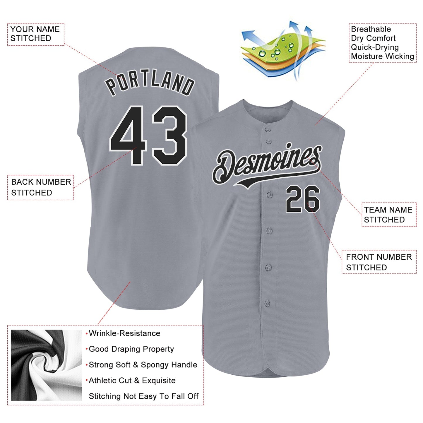 Custom Gray Black-White Authentic Sleeveless Baseball Jersey view 2