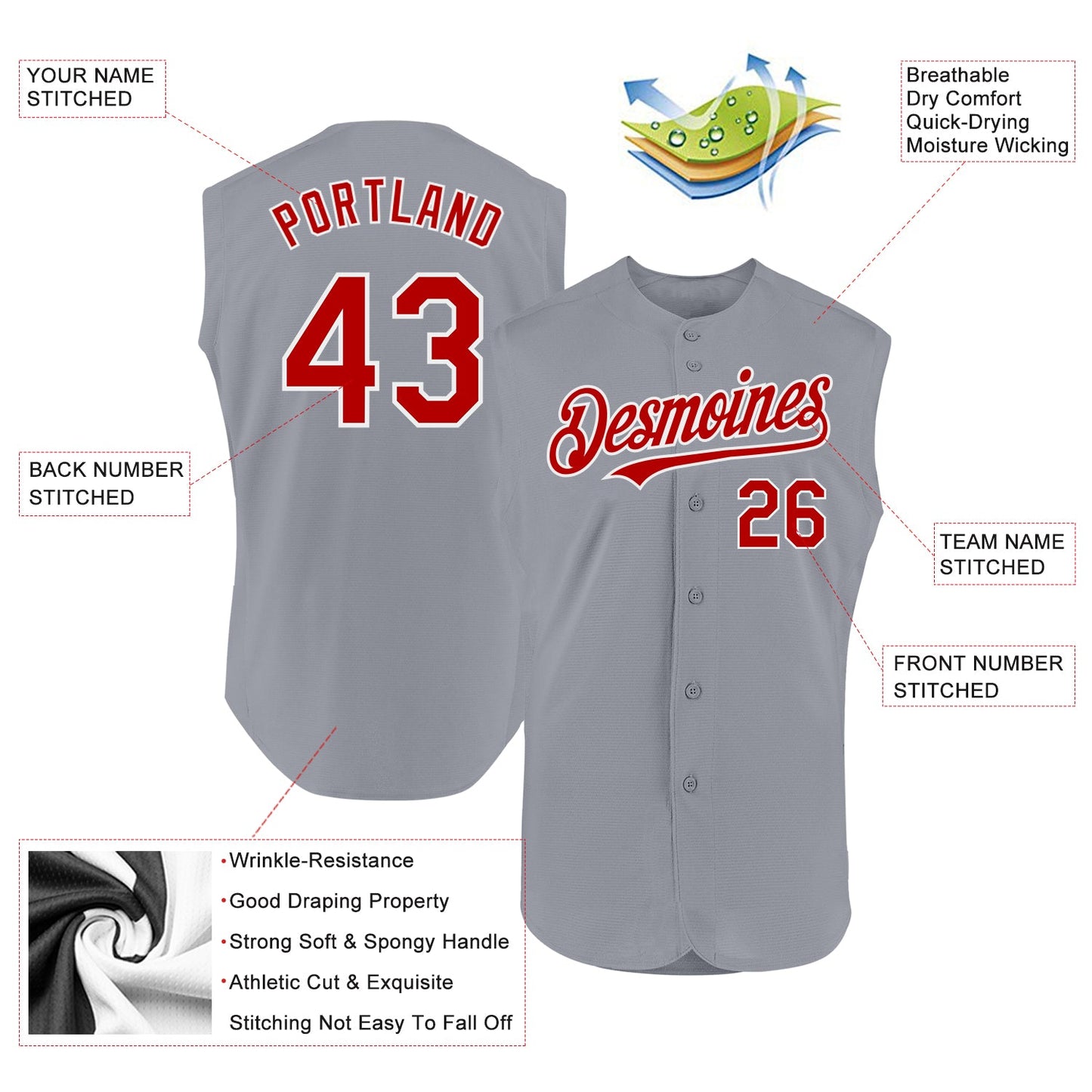Custom Gray Red-White Authentic Sleeveless Baseball Jersey view 2