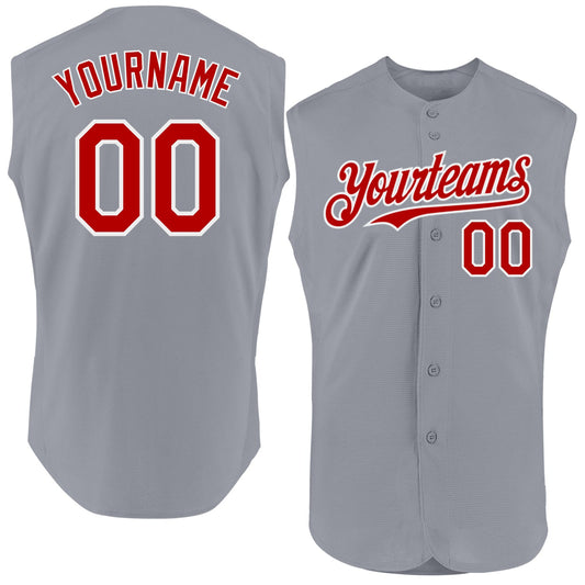 Custom Gray Red-White Authentic Sleeveless Baseball Jersey - Main View