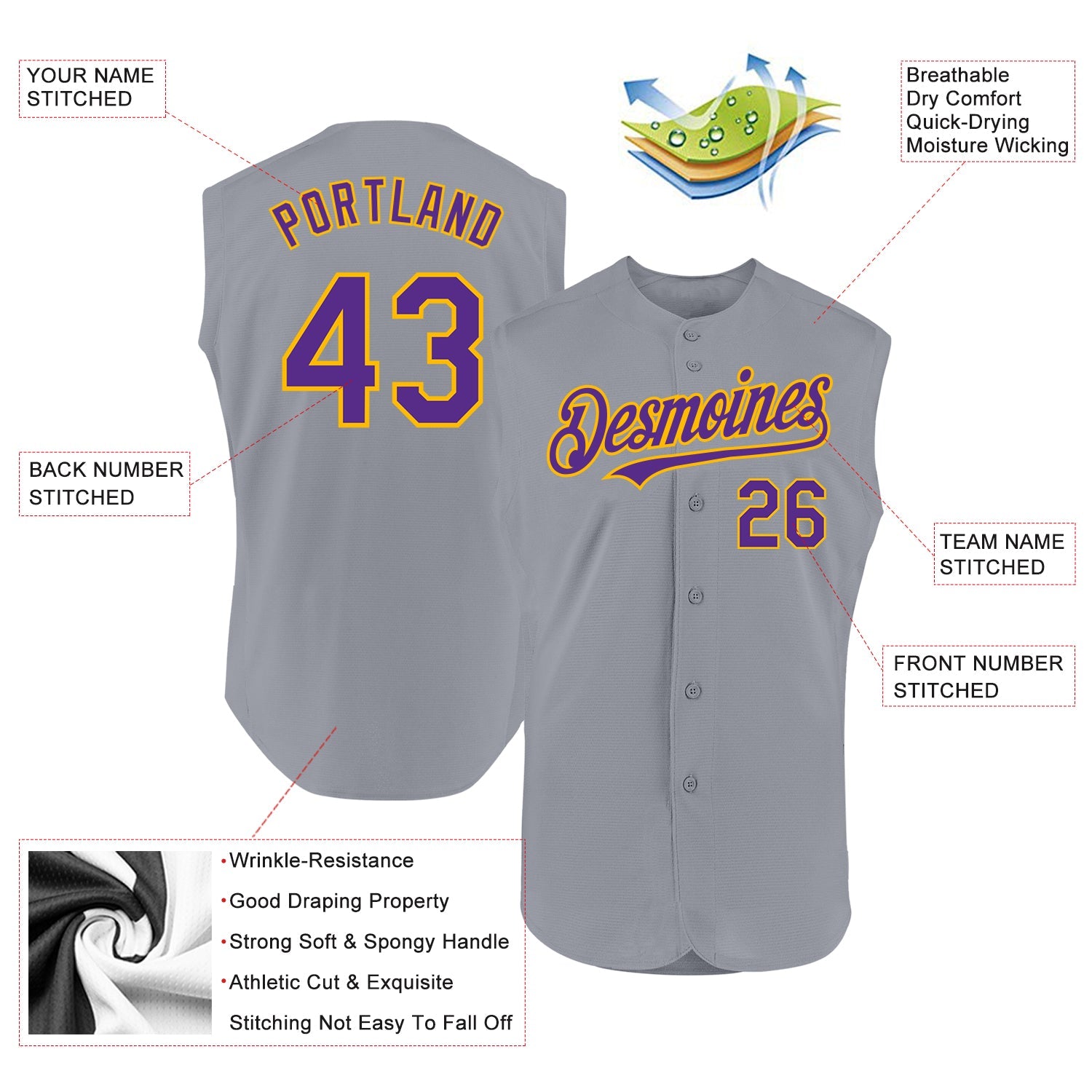 Custom Gray Purple-Gold Authentic Sleeveless Baseball Jersey view 2