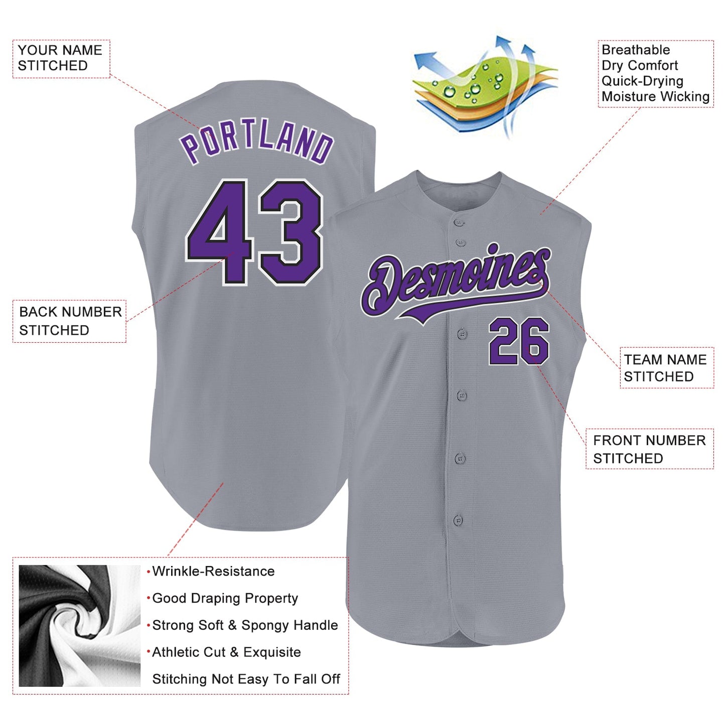 Custom Gray Purple-Black Authentic Sleeveless Baseball Jersey view 2