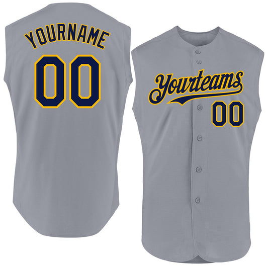 Custom Gray Navy-Gold Authentic Sleeveless Baseball Jersey - Main View