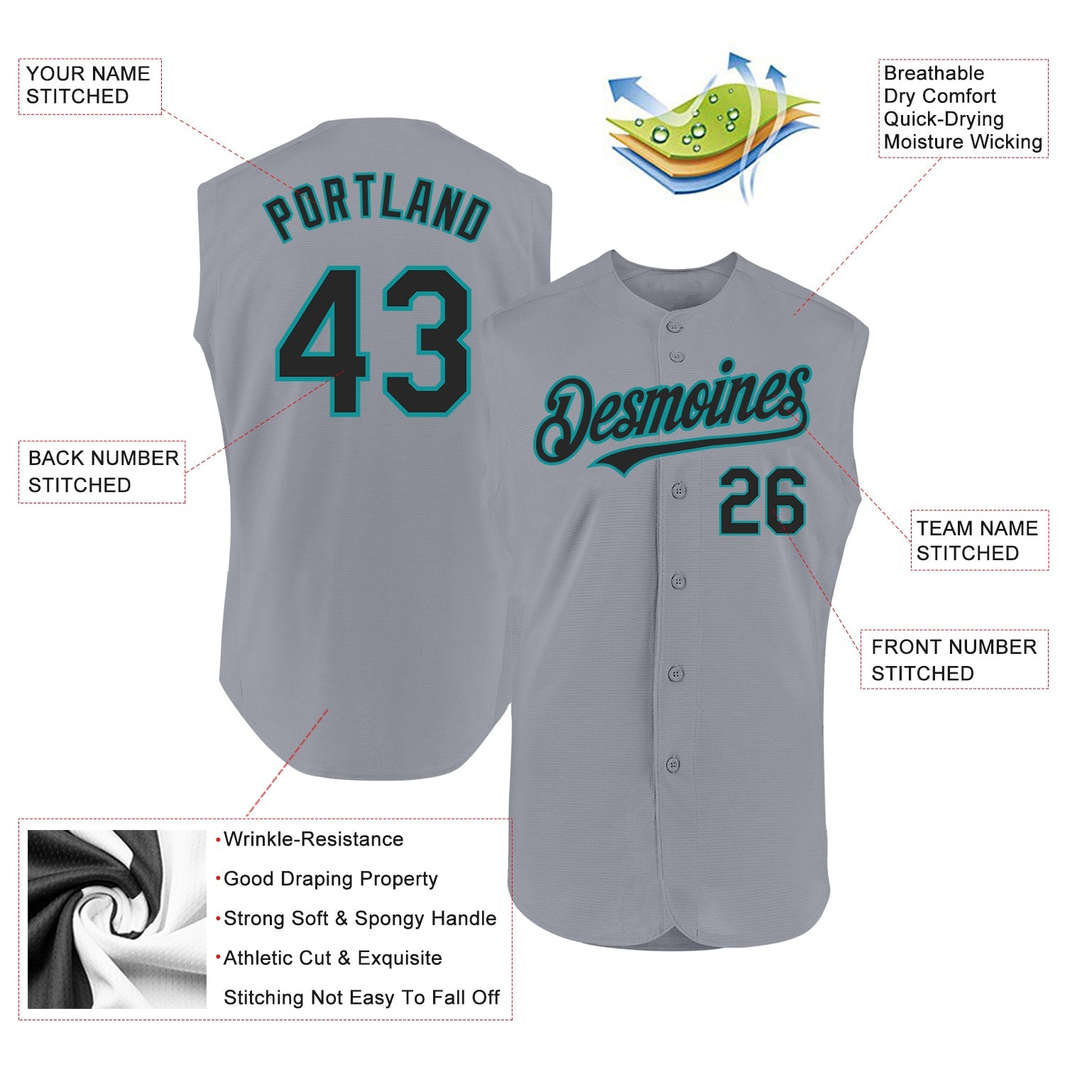 Custom Gray Black-Teal Authentic Sleeveless Baseball Jersey view 2