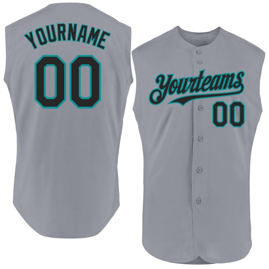 Custom Gray Black-Teal Authentic Sleeveless Baseball Jersey - Main View