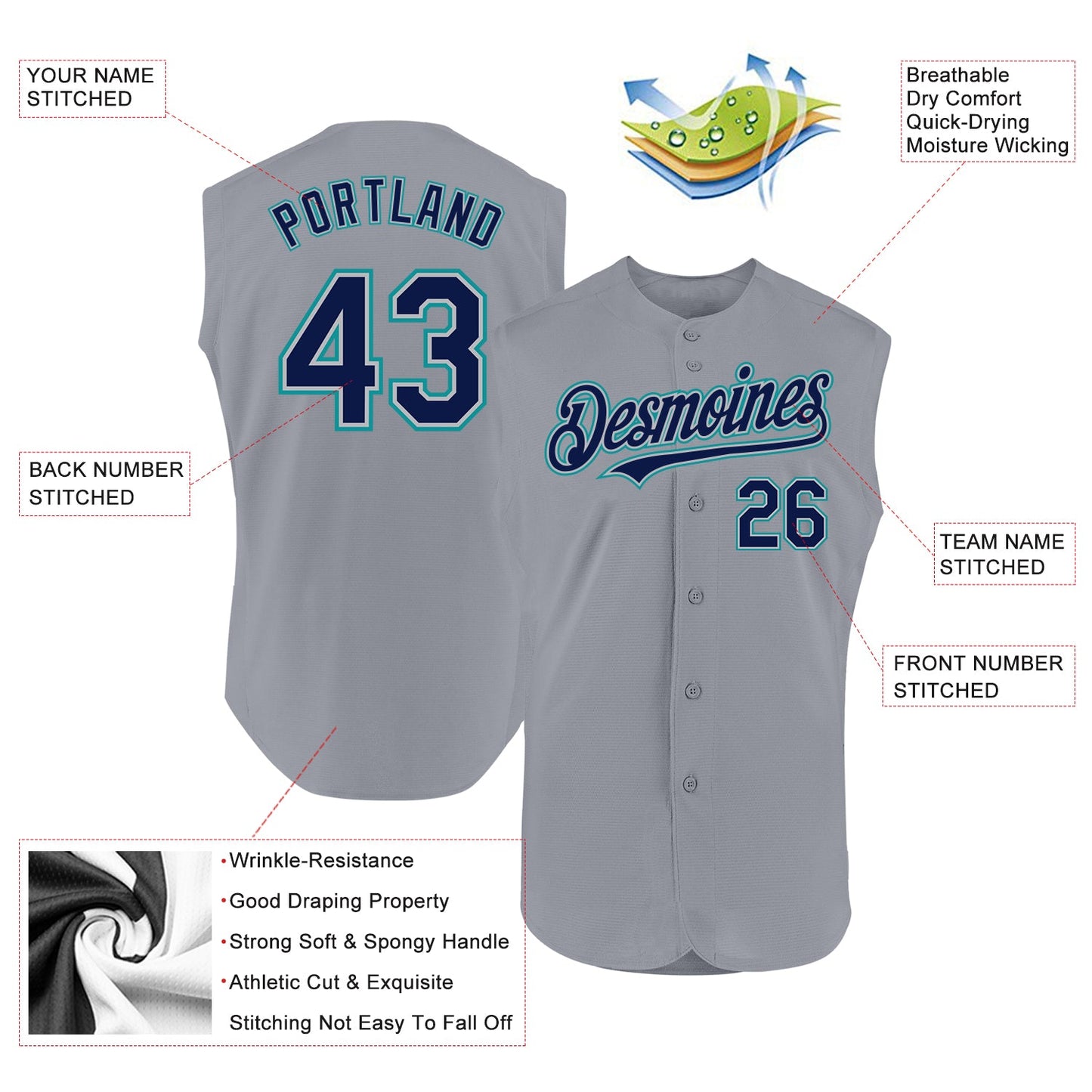 Custom Gray Navy-Teal Authentic Sleeveless Baseball Jersey view 2