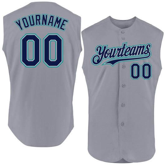 Custom Gray Navy-Teal Authentic Sleeveless Baseball Jersey - Main View