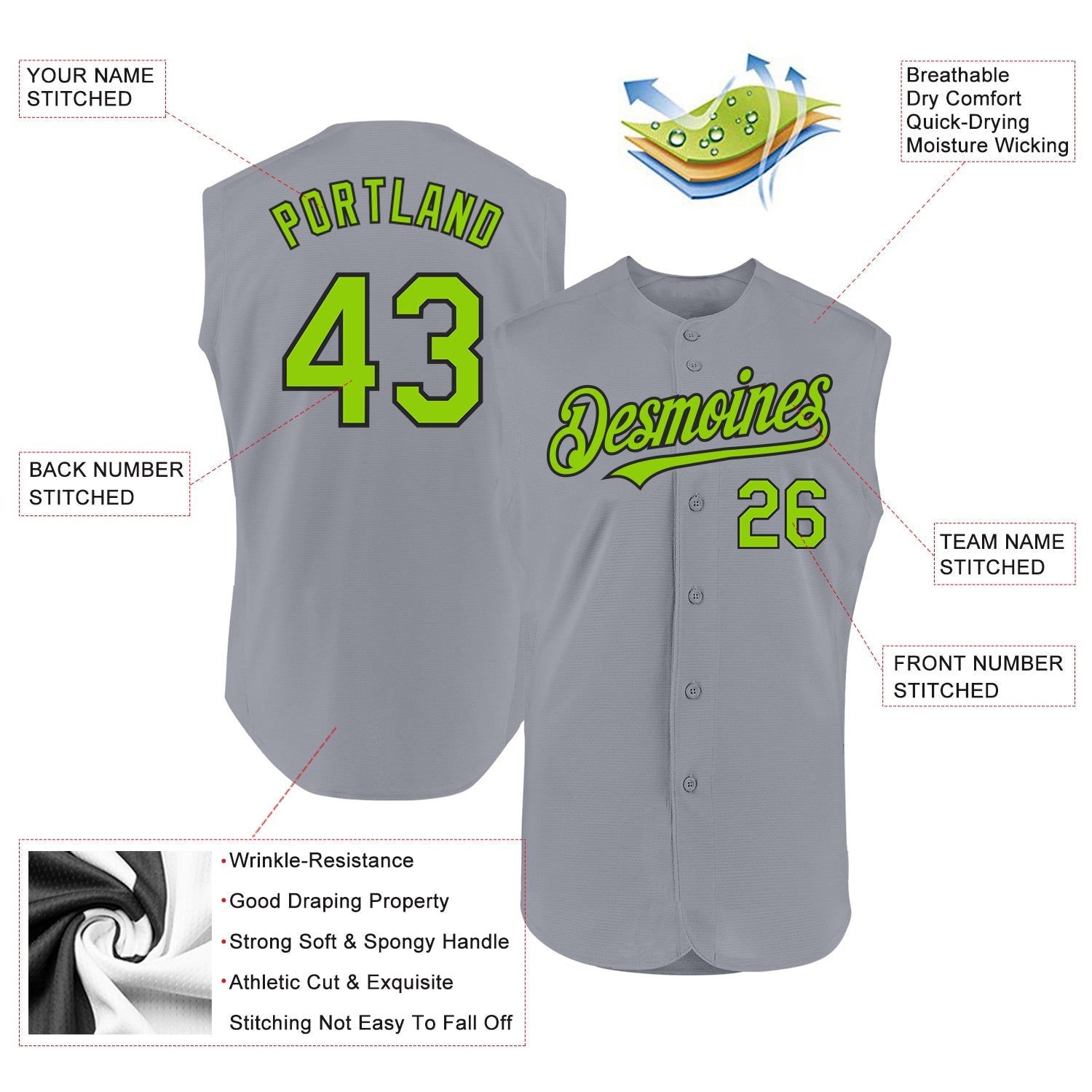 Custom Gray Neon Green-Black Authentic Sleeveless Baseball Jersey view 2