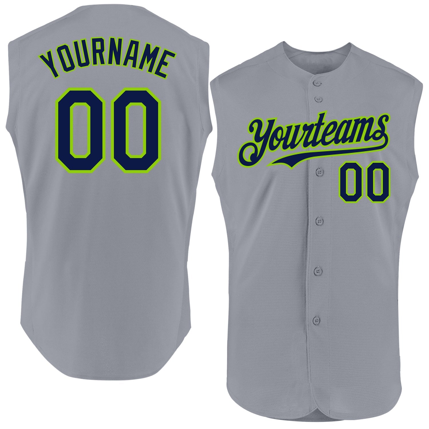 Custom Gray Navy-Neon Green Authentic Sleeveless Baseball Jersey - Main View