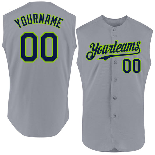 Custom Gray Navy-Neon Green Authentic Sleeveless Baseball Jersey - Main View